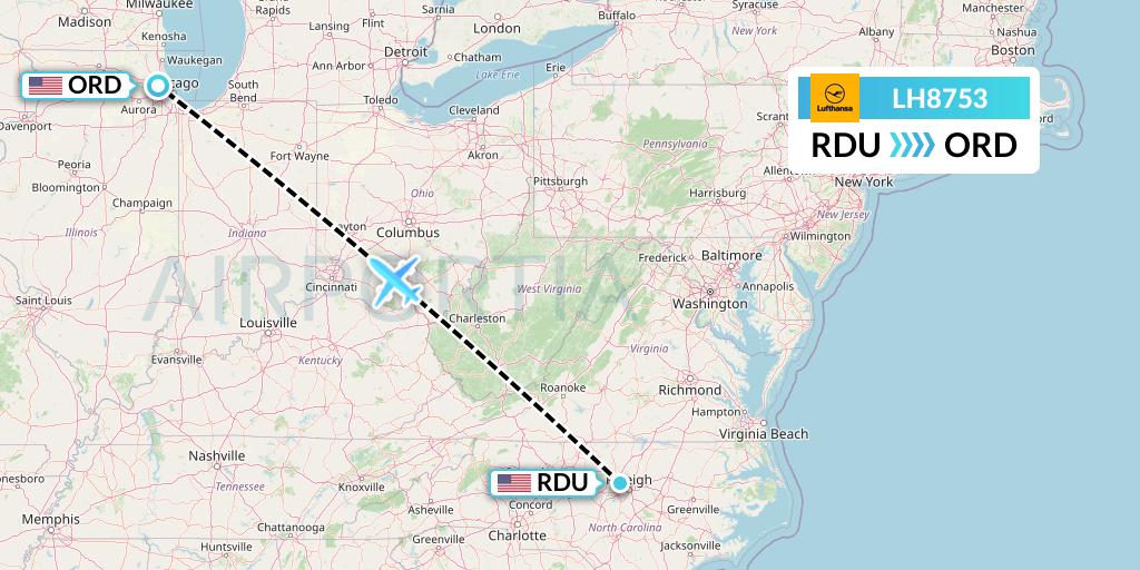 LH8753 Lufthansa Flight Map: Raleigh-Durham to Chicago