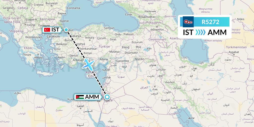 R5272 Jordan Aviation Flight Map: Istanbul to Amman