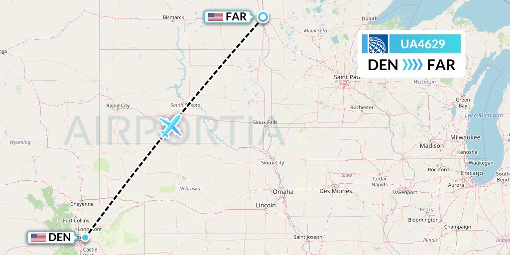 UA4629 United Airlines Flight Map: Denver to Fargo