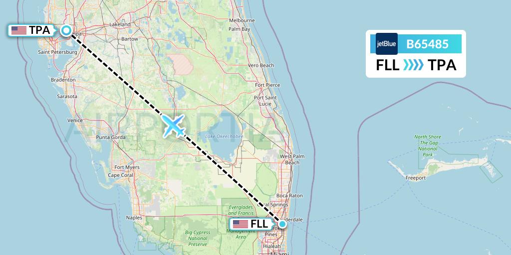 B65485 JetBlue Airways Flight Map: Fort Lauderdale to Tampa