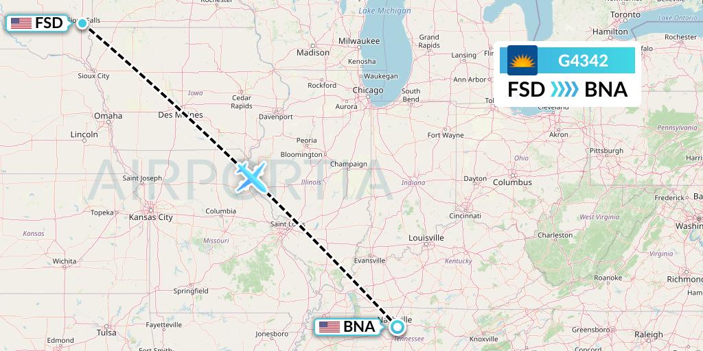 G4342 Allegiant Air Flight Map: Sioux Falls to Nashville