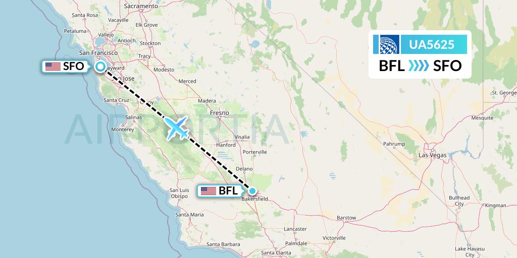UA5625 United Airlines Flight Map: Bakersfield to San Francisco
