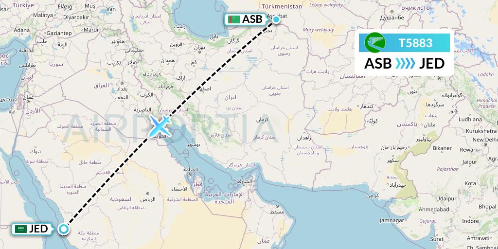 T5883 Turkmenistan Airlines Flight Map: Ashgabat to Jeddah