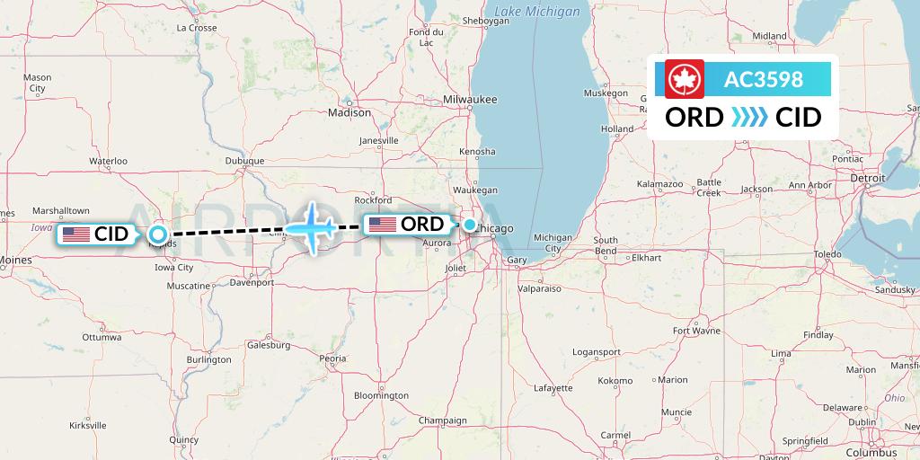 AC3598 Air Canada Flight Map: Chicago to Cedar Rapids