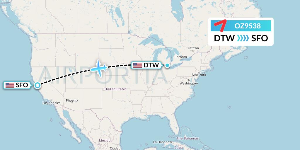 OZ9538 Asiana Airlines Flight Map: Detroit to San Francisco