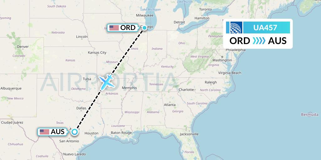 UA457 United Airlines Flight Map: Chicago to Austin