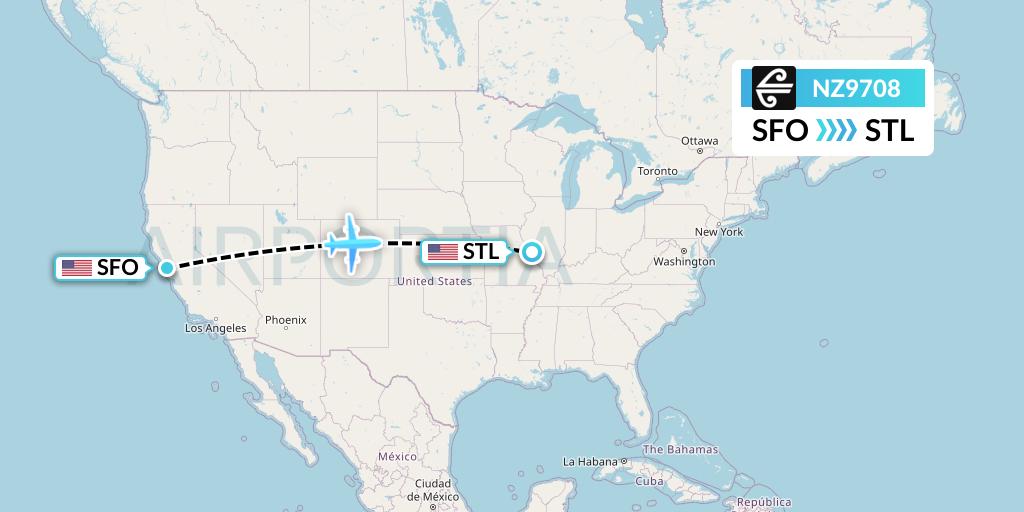 NZ9708 Air New Zealand Flight Map: San Francisco to St. Louis