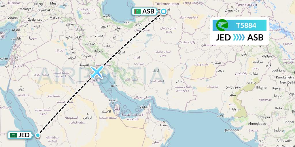 T5884 Turkmenistan Airlines Flight Map: Jeddah to Ashgabat