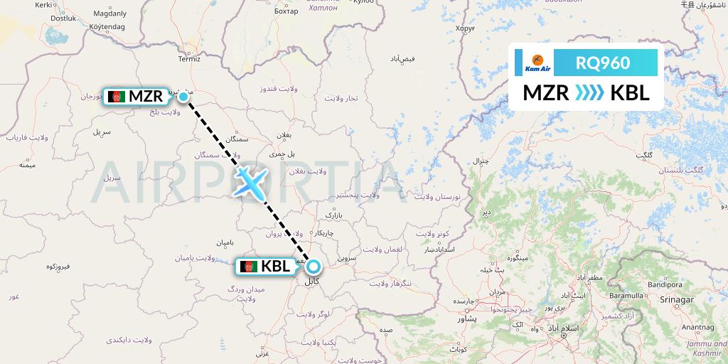 RQ960 Kam Air Flight Map: Mazar-I-Sharif to Kabul