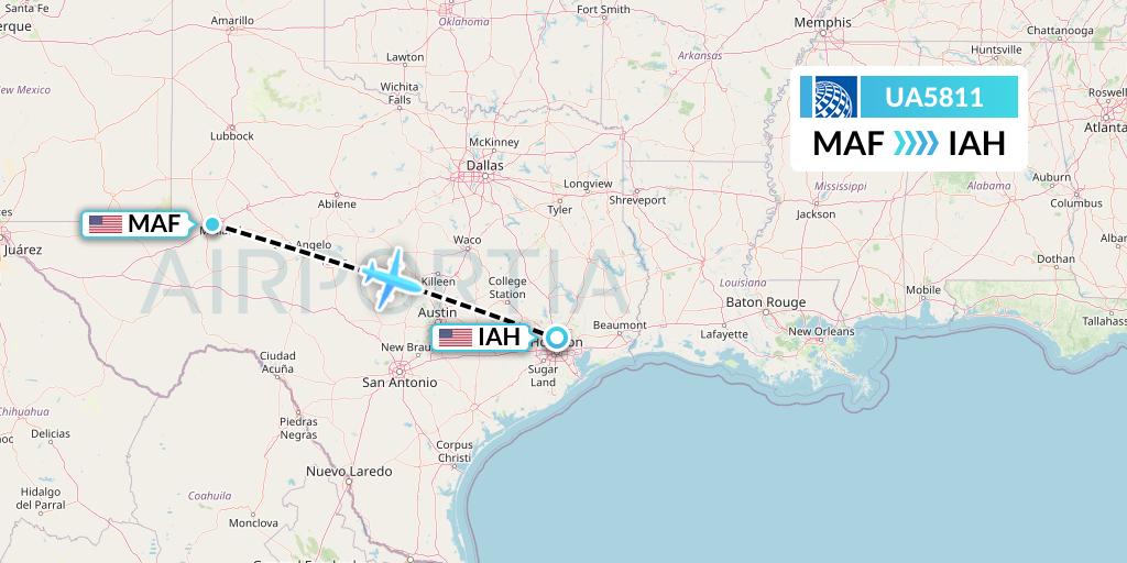 UA5811 United Airlines Flight Map: Midland to Houston