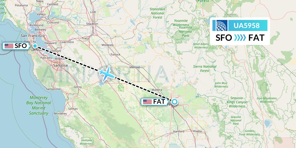 UA5958 United Airlines Flight Map: San Francisco to Fresno