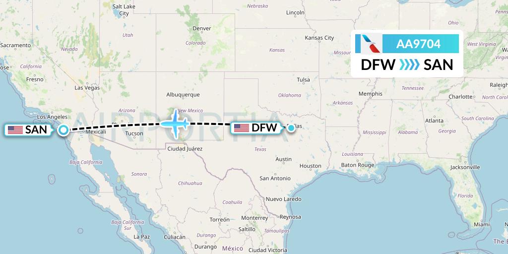 AA9704 American Airlines Flight Map: Dallas to San Diego