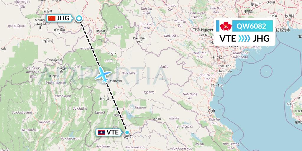 QW6082 Qingdao Airlines Flight Map: Vientiane to Jinghong