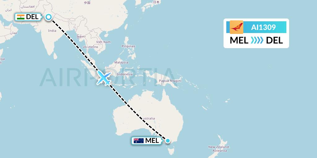 AI1309 Air India Flight Map: Melbourne to Delhi