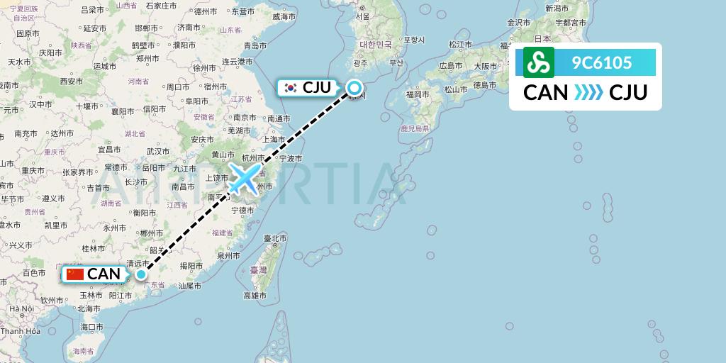 9C6105 Spring Airlines Flight Map: Guangzhou to Jeju
