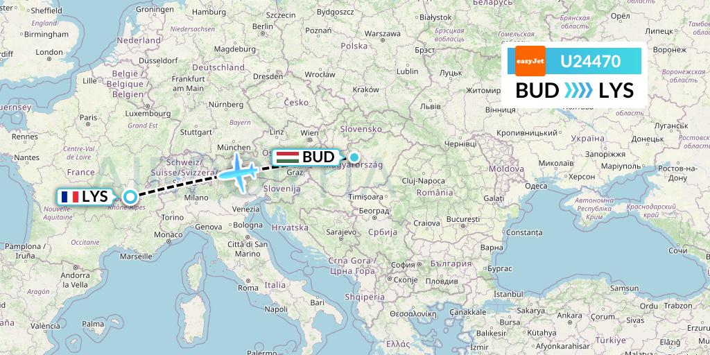 U24470 EasyJet Flight Map: Budapest to Lyon