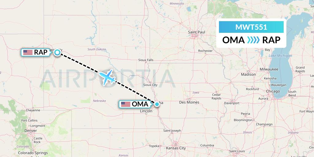 MWT551 Midwest Aviation Division Flight Map: Omaha to Rapid City