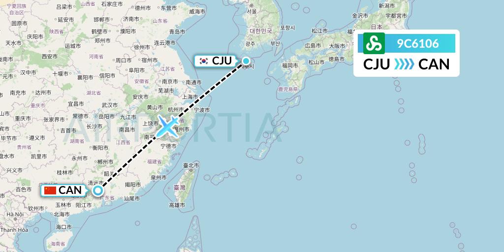 9C6106 Spring Airlines Flight Map: Jeju to Guangzhou