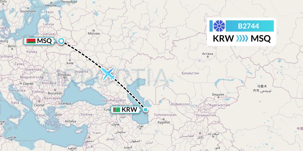 B2744 Belavia Flight Map: Turkmenbashi to Minsk