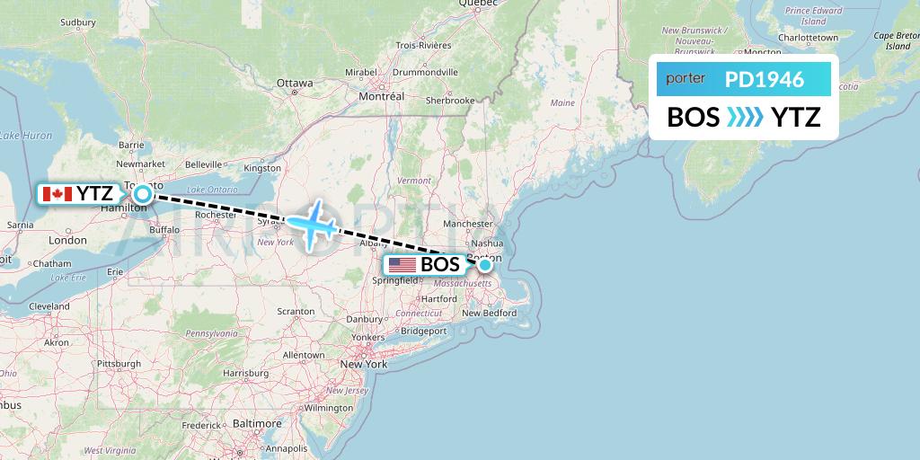 PD1946 Porter Airlines Flight Map: Boston to Toronto