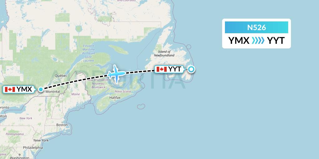 N526 Nolinor Aviation Flight Map: Montreal to St. John's