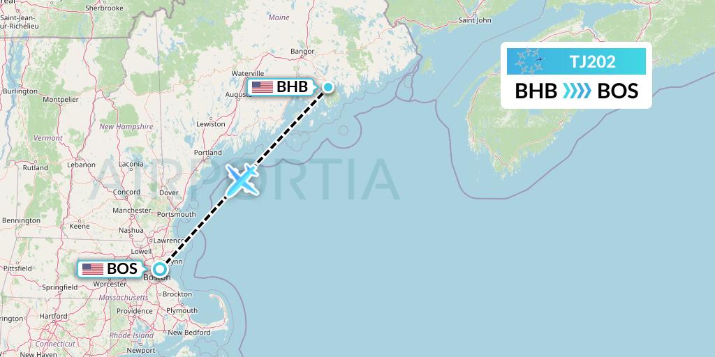 TJ202 Tradewind Aviation Flight Map: Bar Harbor to Boston