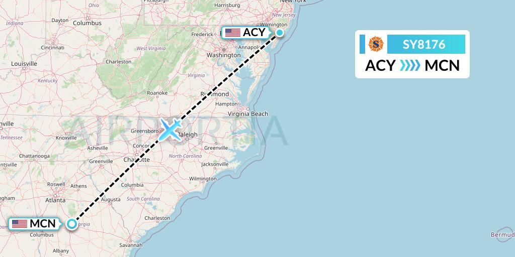 SY8176 Sun Country Airlines Flight Map: Atlantic City to Macon