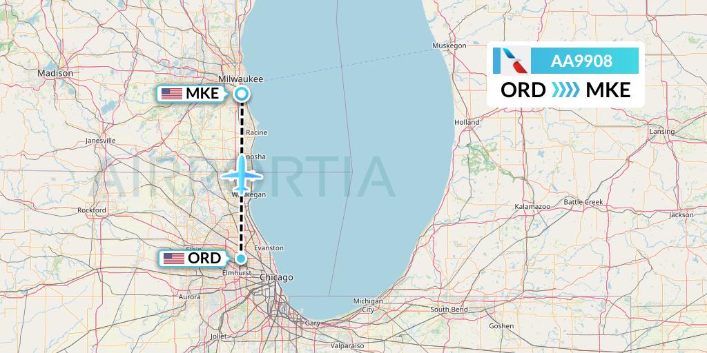 AA9908 American Airlines Flight Map: Chicago to Milwaukee