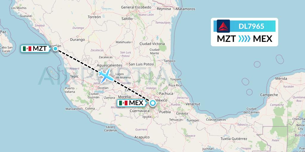 DL7965 Delta Air Lines Flight Map: Mazatlan to Mexico City