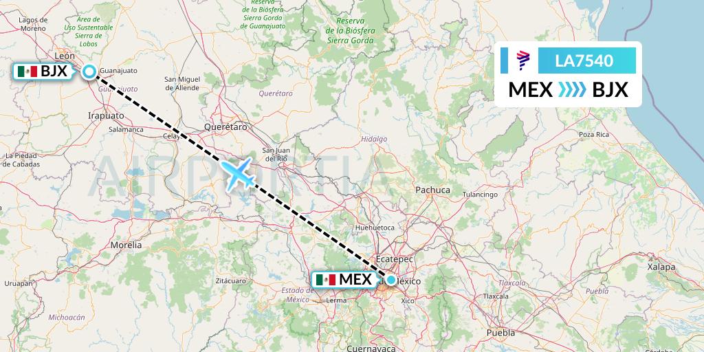 LA7540 LAN Airlines Flight Map: Mexico City to Silao