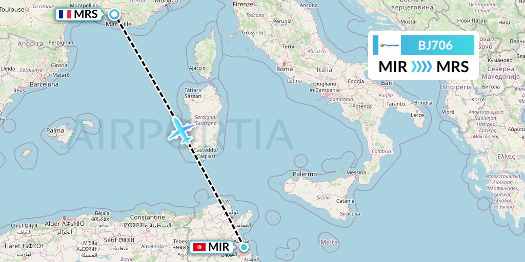 BJ706 Nouvelair Tunisie Flight Map: Monastir to Marseille