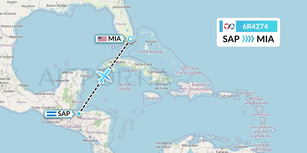 6R4274 Alrosa Flight Map: San Pedro Sula to Miami