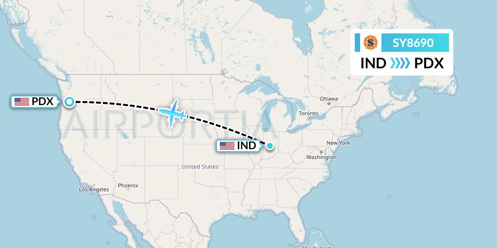 SY8690 Sun Country Airlines Flight Map: Indianapolis to Portland
