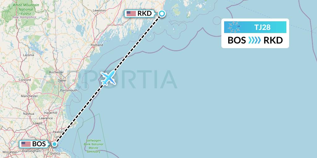 TJ28 Tradewind Aviation Flight Map: Boston to Rockland