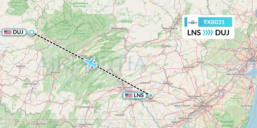 9X8031 Southern Airways Express Flight Map: Lancaster to Dubois