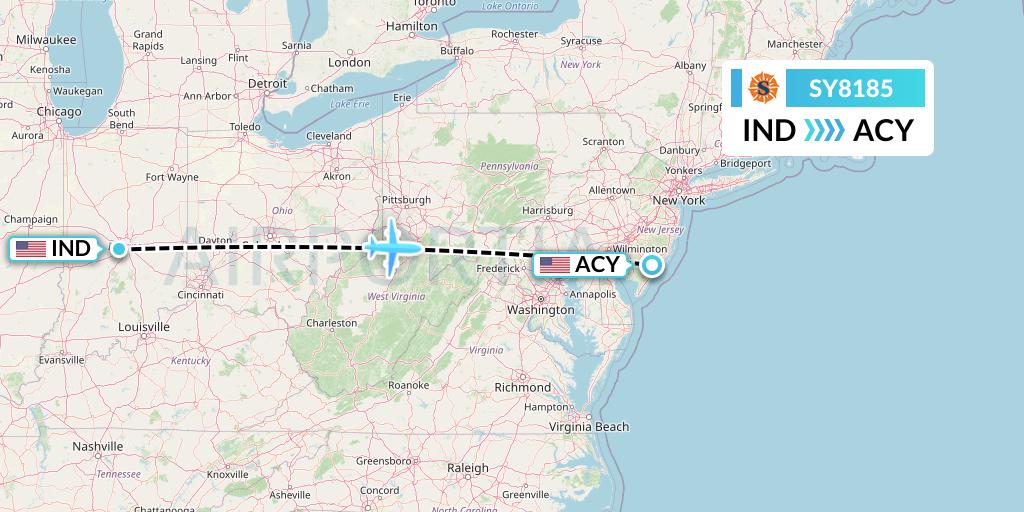 SY8185 Sun Country Airlines Flight Map: Indianapolis to Atlantic City