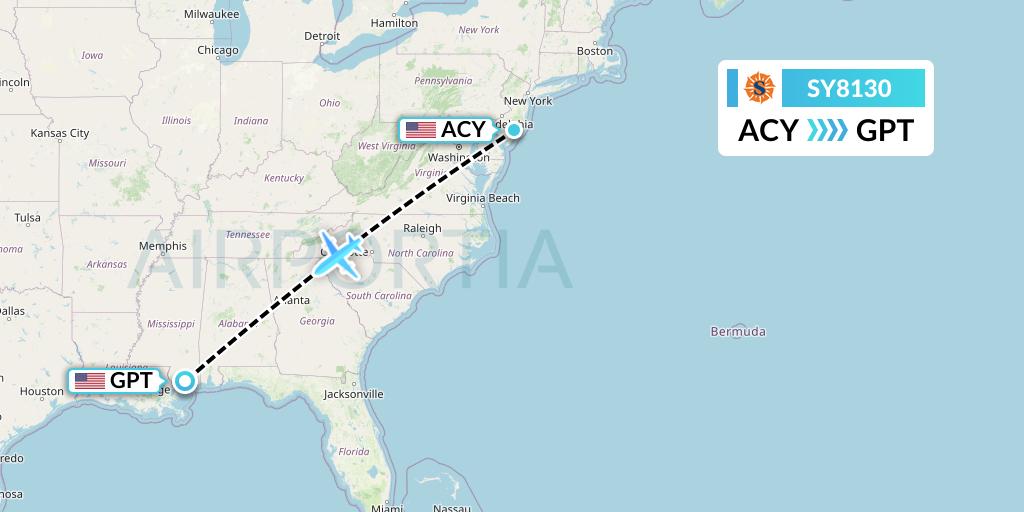 SY8130 Sun Country Airlines Flight Map: Atlantic City to Gulfport
