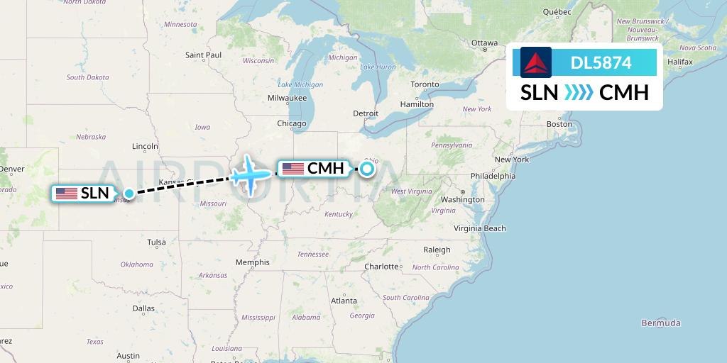 DL5874 Delta Air Lines Flight Map: Salina to Columbus