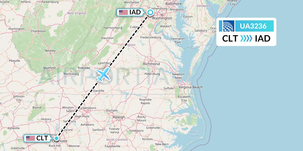UA3236 United Airlines Flight Map: Charlotte to Washington