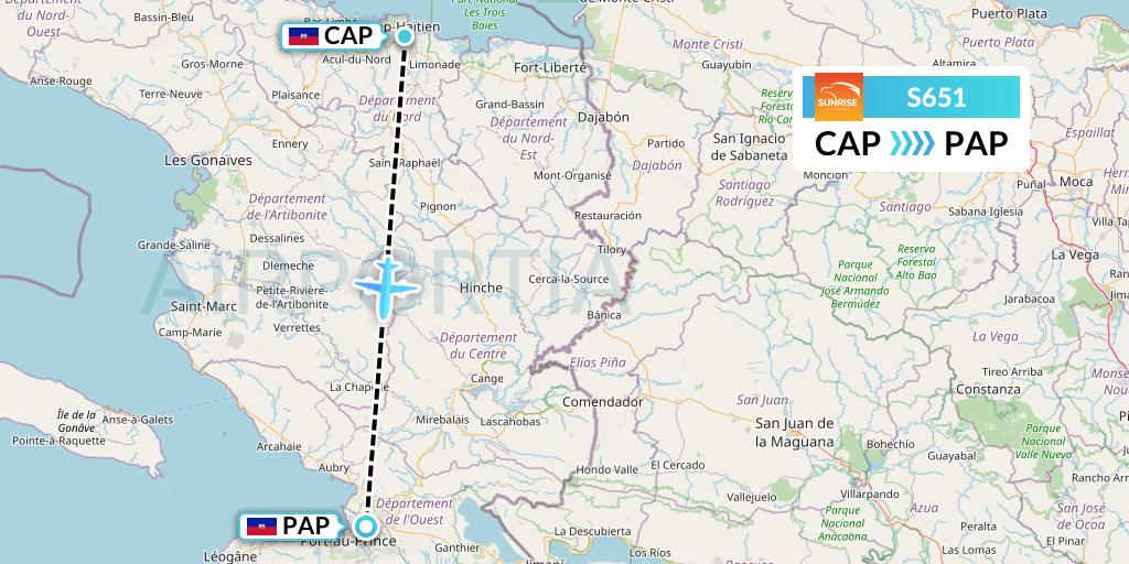 S651 Sunrise Airways Flight Map: Cap-Haitien to Port-au-Prince