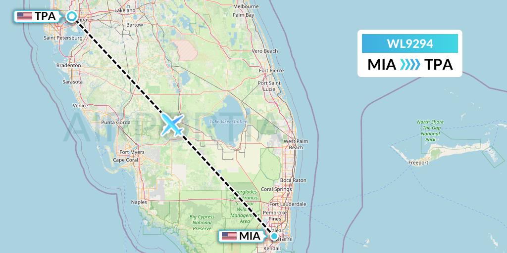 WL9294 World Atlantic Airlines Flight Map: Miami to Tampa
