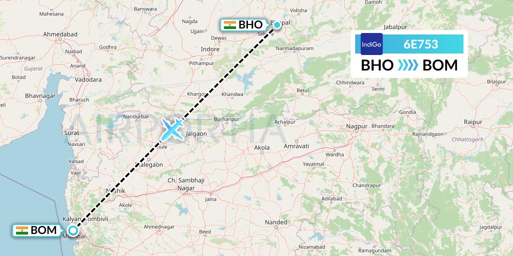6E753 IndiGo Airlines Flight Map: Bhopal to Mumbai