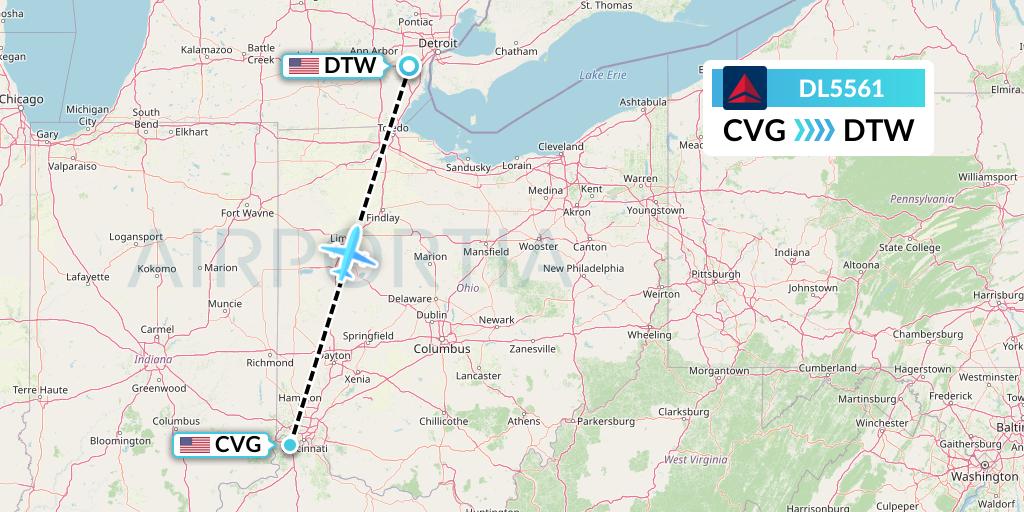 DL5561 Delta Air Lines Flight Map: Cincinnati to Detroit