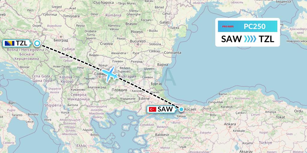 PC250 Pegasus Airlines Flight Map: Istanbul to Tuzla