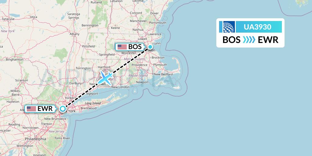 UA3930 United Airlines Flight Map: Boston to New York