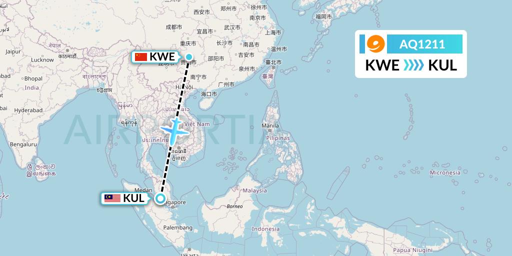 AQ1211 9 Air Flight Map: Guiyang to Kuala Lumpur