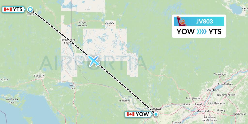 JV803 Bearskin Airlines Flight Map: Ottawa to Timmins