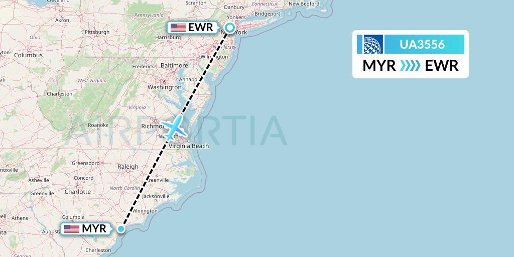 UA3556 United Airlines Flight Map: Myrtle Beach to New York