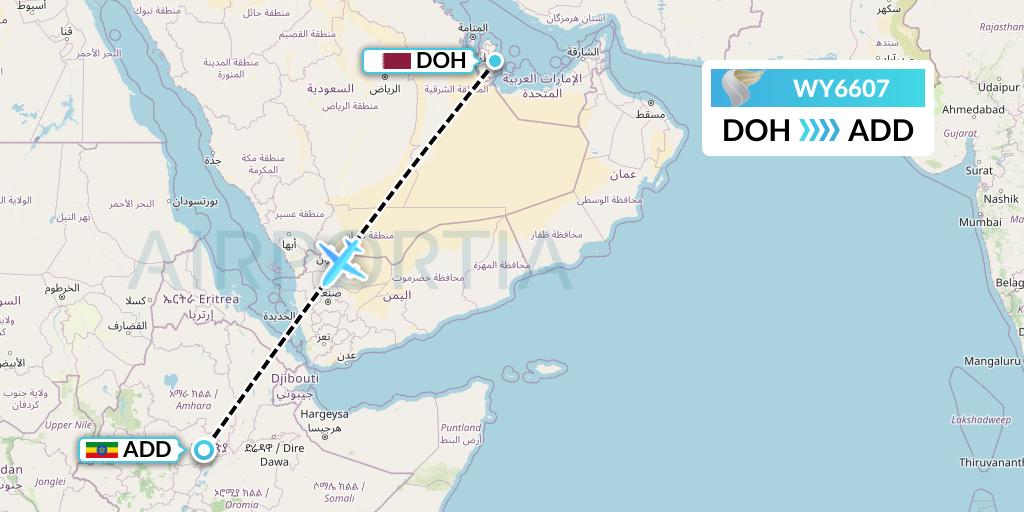 WY6607 Oman Air Flight Map: Doha to Addis Ababa