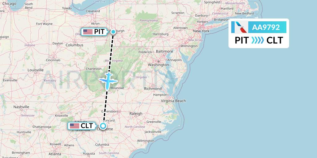 AA9792 American Airlines Flight Map: Pittsburgh to Charlotte
